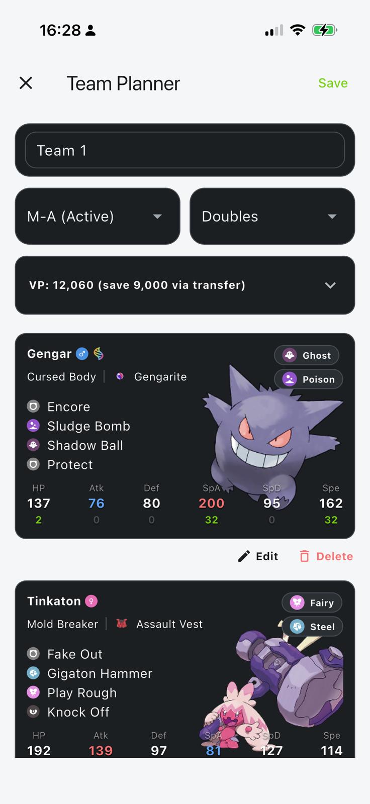 Team planner view with roster, moves, and VP values